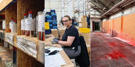 Two-panel photo: left a man at a counter with jars; right a warehouse corridor with a red stain.