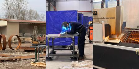 Triptych of industrial scenes: outdoor yard with metal coils, welder at blue workbench, glowing furnace.