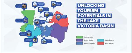 Infographic map highlighting Victoria Basin tourism potentials with colored regions and a legend.