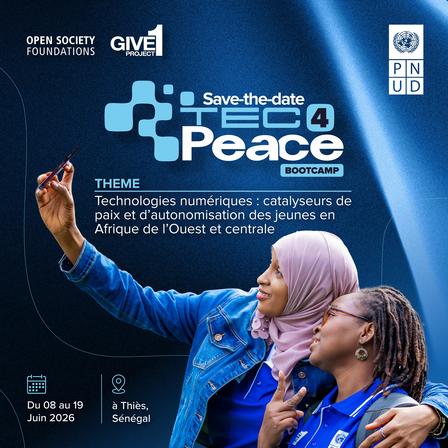 Promotional poster for Tech4Peace conference, blue theme, two people writing on a glass board.