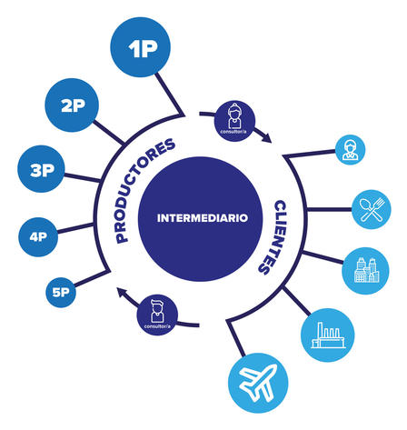 Circular infographic: INTERMEDIARIO center, PRODUCTORES left, COMERCIANTES right, blue icons around.