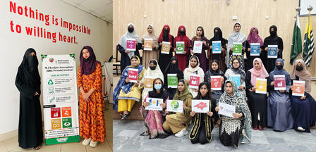 Diverse group of people standing in a room, holding signs.