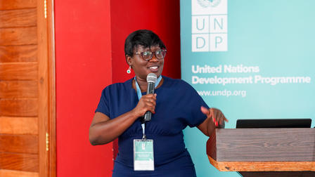 Speaker in blue shirt at podium with microphone; UNDP banner behind.