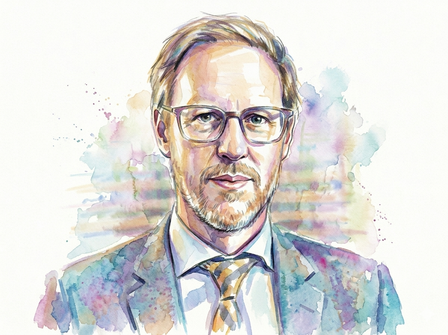 Watercolor portrait of a man with glasses in a suit and tie.