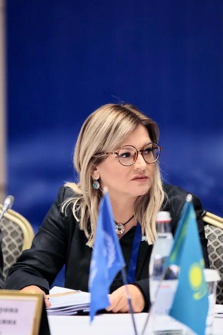 Photograph of a blonde woman with glasses at a conference table with blue backdrop and flags.
