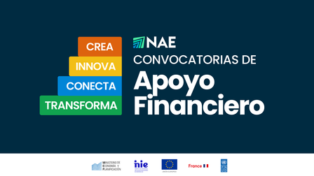Dark blue banner with colorful CREA INNOVA CONECTA TRANSFORMA blocks and NAE Apoyo Financiero