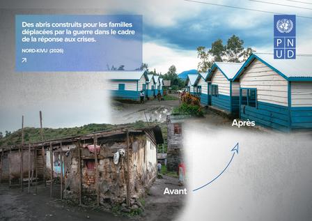 Before: dilapidated huts by floodwaters; after: blue stilt houses along a river.