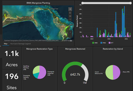 Bahamas Mangrove Alliance Dashboard showing a dark dashboard with coastal map, site counts, and restoration charts.