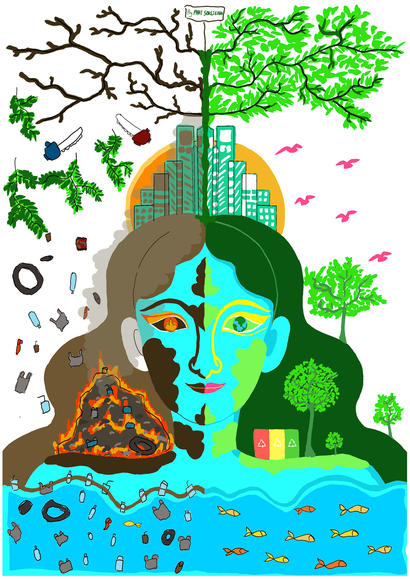Graphic illustration: central blue-green woman, left drought and fire, right forest and water.
