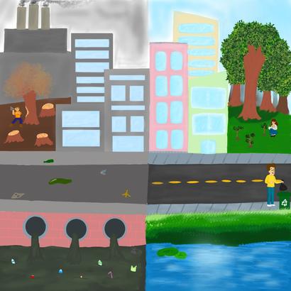 Four-panel scene: city fire, colorful buildings; riverbank park; road scene with pedestrians.