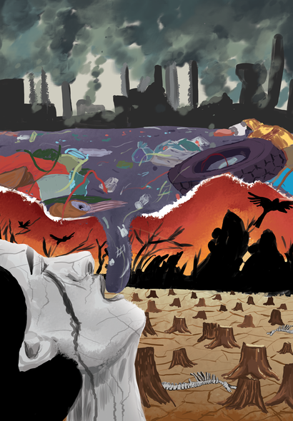 Surreal landscape with a gray-white tree, purple river, red hills, smoke, and birds.