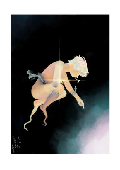Fantasy centaur with pale torso and horse body against a dark, smoky background.