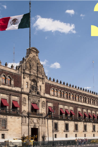 Historic building with Mexican flag, blue sky, and decorative yellow shapes around edges.