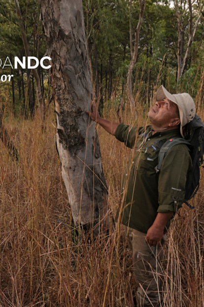 Man in a green jacket and beige hat stands in tall dry grass amid trees; logo upper left.