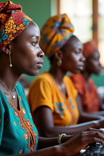 Women in colorful headwraps use desktop computers in a classroom lab.