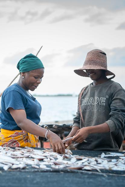 Two fishermen sort a pile of fish on a table by the sea, boats in the background.