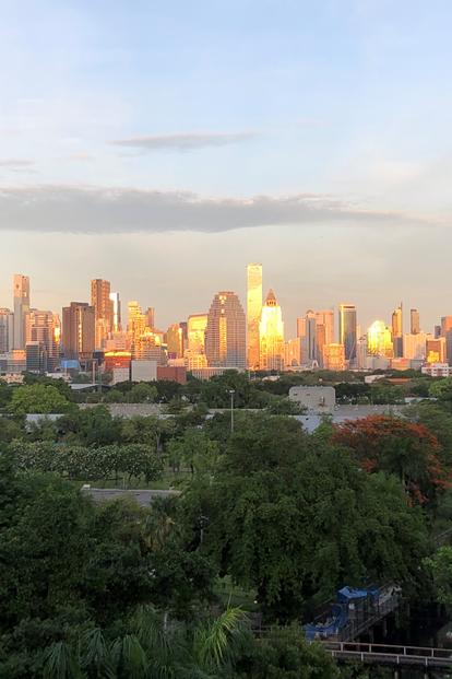 City skyline at sunset with golden-lit skyscrapers, seen over a lush green park.