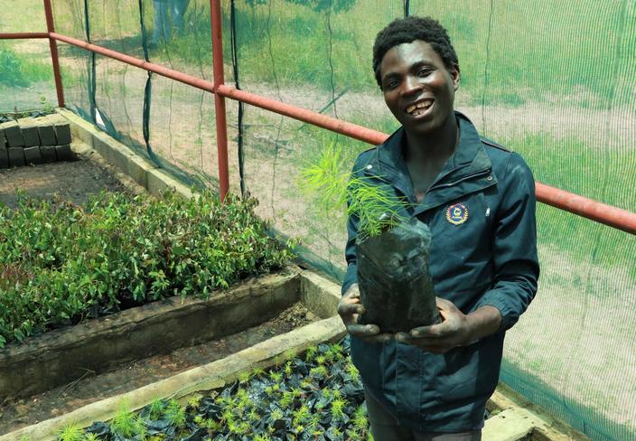 Severino Calume, mais conhecido como Chicoti, cuida do viveiro da comunidade do Cachindongo, no Huambo. O jovem de 25 anos é responsável pelas pequenas mudas de árvores que são aqui criadas e depois plantadas nas áreas à volta.