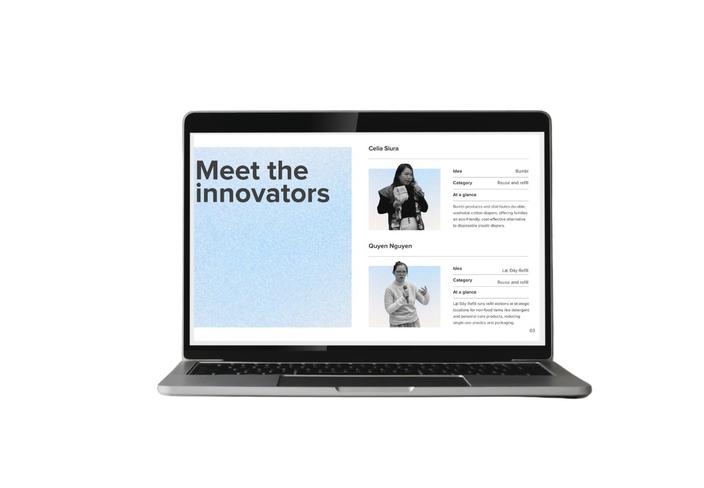 Laptop displaying a webpage titled &quot;Meet the Innovators&quot; with profiles of two individuals.