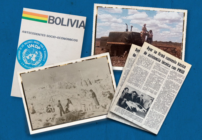 Bolivia passport with several vintage photos and newspaper clippings on a blue background.