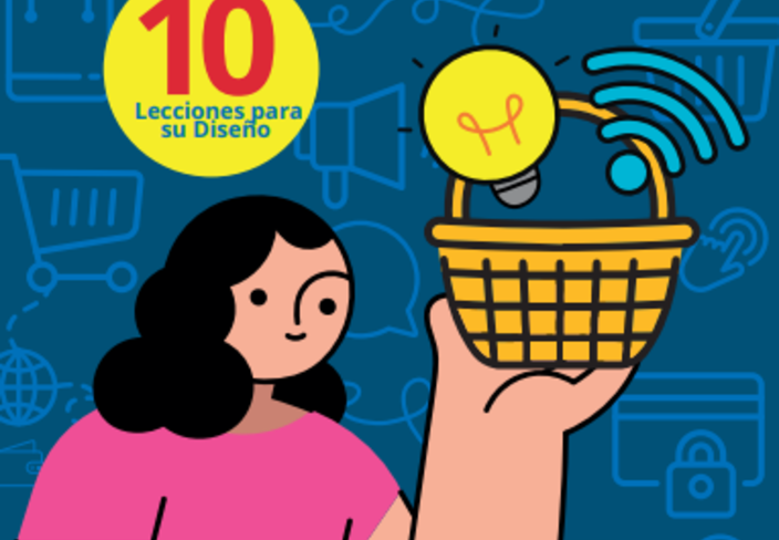 Illustration of a woman in a pink shirt holding a basket with a glowing light bulb, digital inclusion cover.