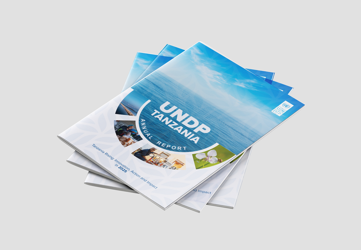 Stack of blue and white promotional flyers fanned out on a light gray background.