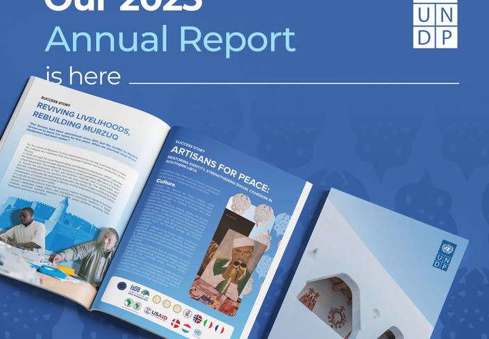 Blue UNDP banner with the text 'Our 2025 Annual Report is here' and open booklets.