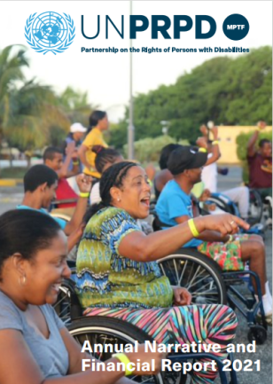 Group of disabled persons on wheelchairs in a park