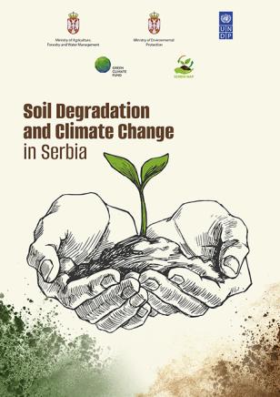 hands holding soil and plant bud with text Soil Degradation and Climate Change in Serbia