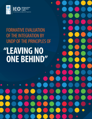 Colorful dots overlay a dark background, with the text "Formative Evaluation of the Integration by UNDP of the principles of Leaving No One Behind"