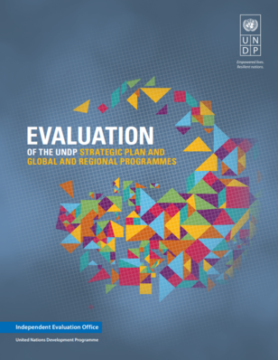 Colorful geometric shapes on a blue background with text about UNDP evaluation.