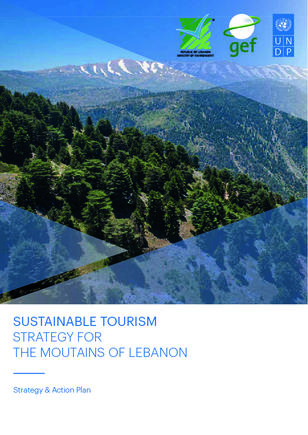 A green mountainous landscape with trees and a blue sky, featuring a document title about sustainable tourism.