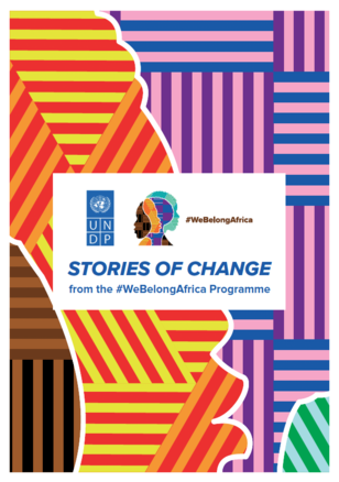 Colorful geometric patterns with a white banner reading "STORIES OF CHANGE" from the #WeBelongAfrica Programme.