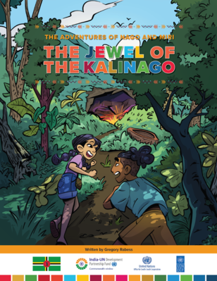 Book cover illustration: two kids in a jungle with a glowing jewel and a cave, bold title above.