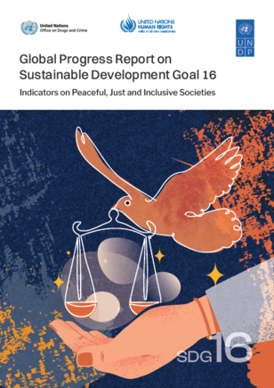 Cover showing hands holding balance scale against blue-orange abstract background, SDG 16.