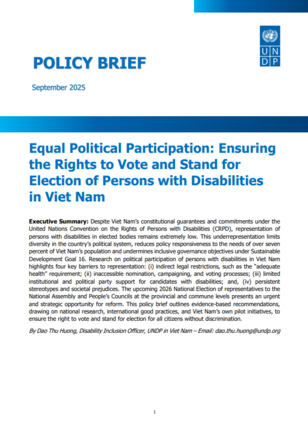 Policy Brief cover: UN logo, blue header, voting rights for persons with disabilities in Viet Nam.