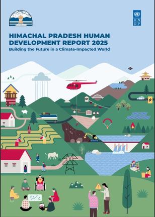 Graphic illustration of hills, river, houses, people, and a helicopter; HDR 2025 cover.