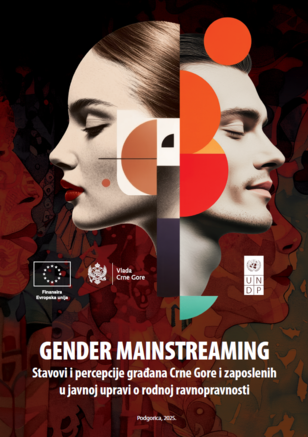 Gender mainstreaming poster with red background, logos, and Polish text.