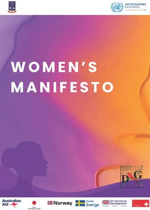 Women's Manifesto poster with purple-orange gradient and logos at bottom.