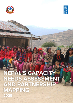 Photo of Nepali women in colorful clothes outside a hut; rural hillside backdrop, logos in corners.