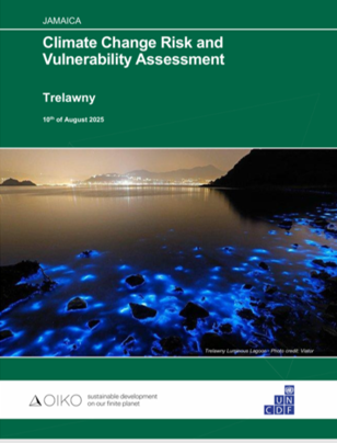 Jamaica Climate Change Risk & Vulnerability Assessment for Trelawny; green header and coastline.
