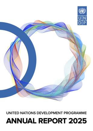 UNDP Annual Report 2025 graphic with blue ring and multicolored ribbon circle; UNDP logo.