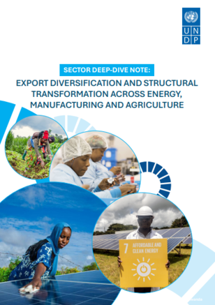 Sector Dialogue Note cover with circular photos of farming, solar energy, and industry.