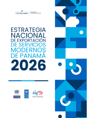 Estrategia Nacional para la Exportación de Servicios Modernos 2026 de Panamá, póster con diseño geométrico azul.