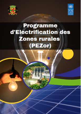 Poster for Rural Electrification Program (PEZor) with bulb, solar panels, and village photo.