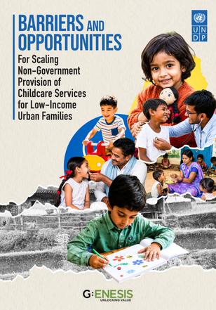 Cover page with children; torn-cityscape background; barriers and opportunities in childcare.