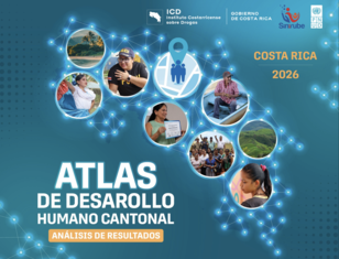 Blue infographic poster titled Atlas del Desarrollo Humano Cantonal with circular photos.