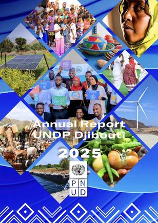 UNDP Djibouti 2025 Annual Report cover with a blue mosaic of triangular photos and UNDP logo.