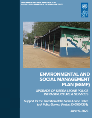 Cover page: blue background, building with map mural, ESMP title, UNDP logo