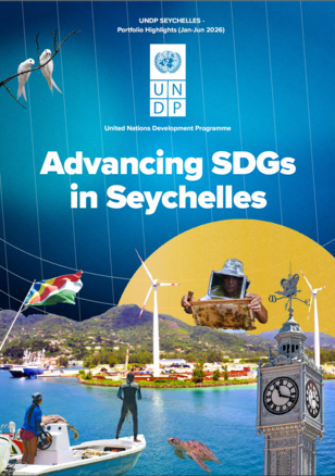 UNDP cover: Advancing SDGs in Seychelles, blue backdrop with sea, clock tower, boats, and people.